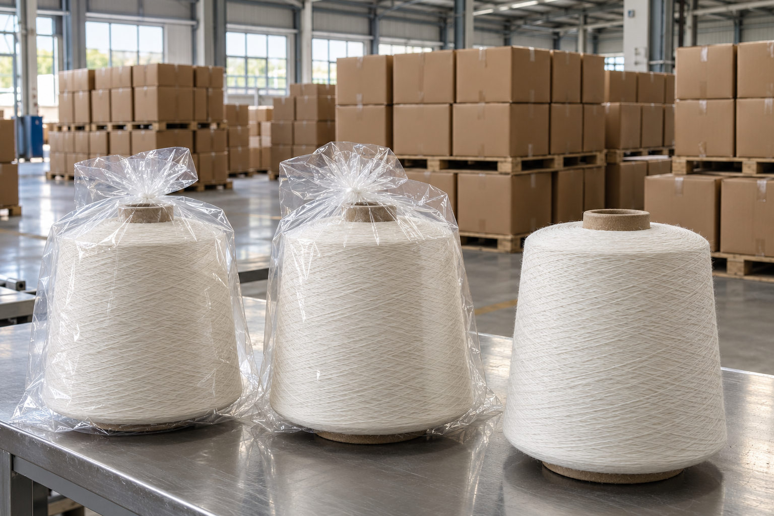 Vận chuyển sợi polyester Đồng Nai – Hà Nội bằng đường sắt Các cuộn sợi polyester được kiểm tra trước khi đóng lô vận chuyển từ Đồng Nai ra Hà Nội