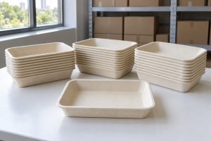 Các chồng khay bã mía màu ngà được phân loại trước khi vận chuyển