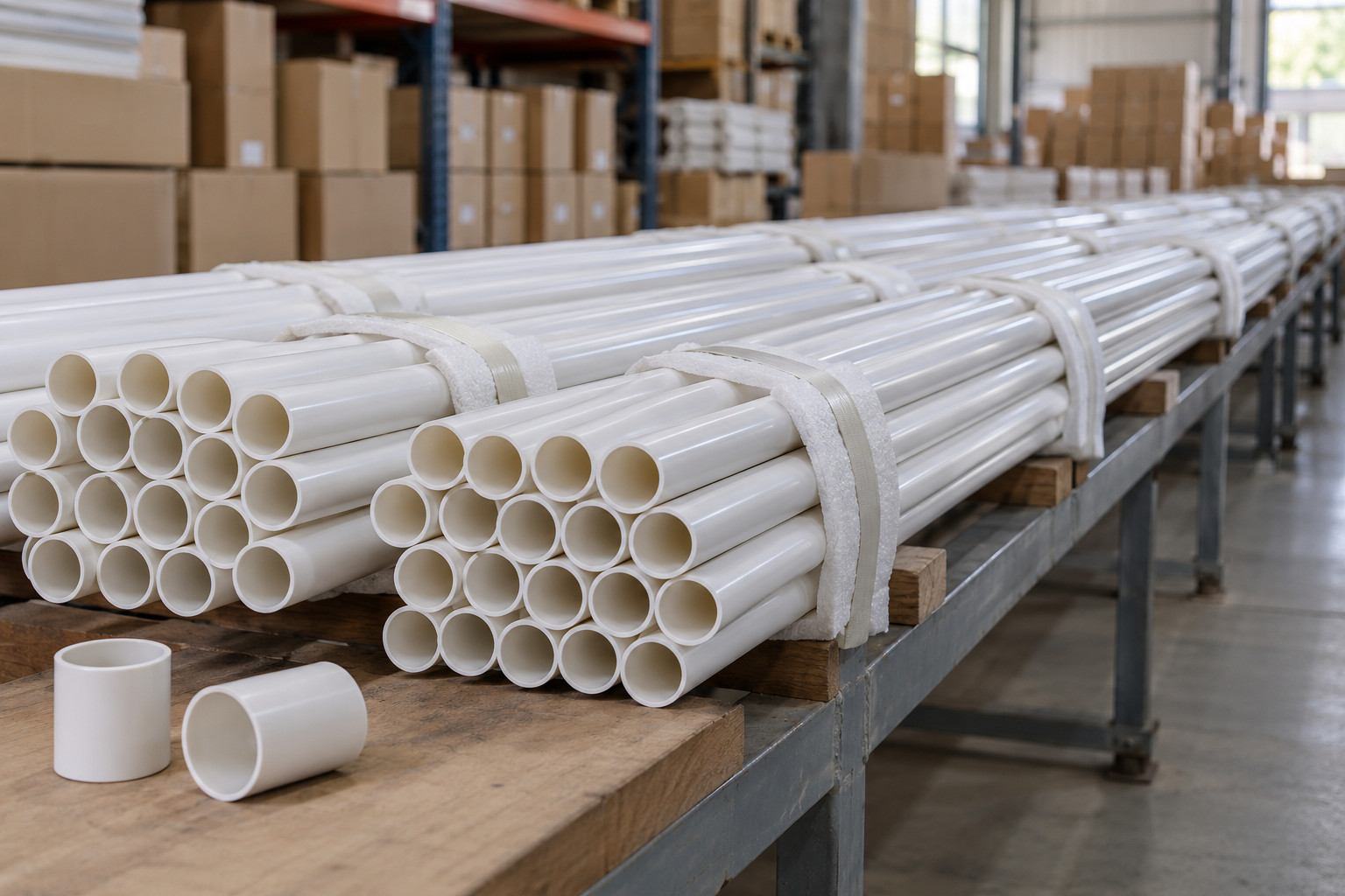 Các bó ống luồn dây điện PVC thẳng được phân loại tại kho trước khi vận chuyển
