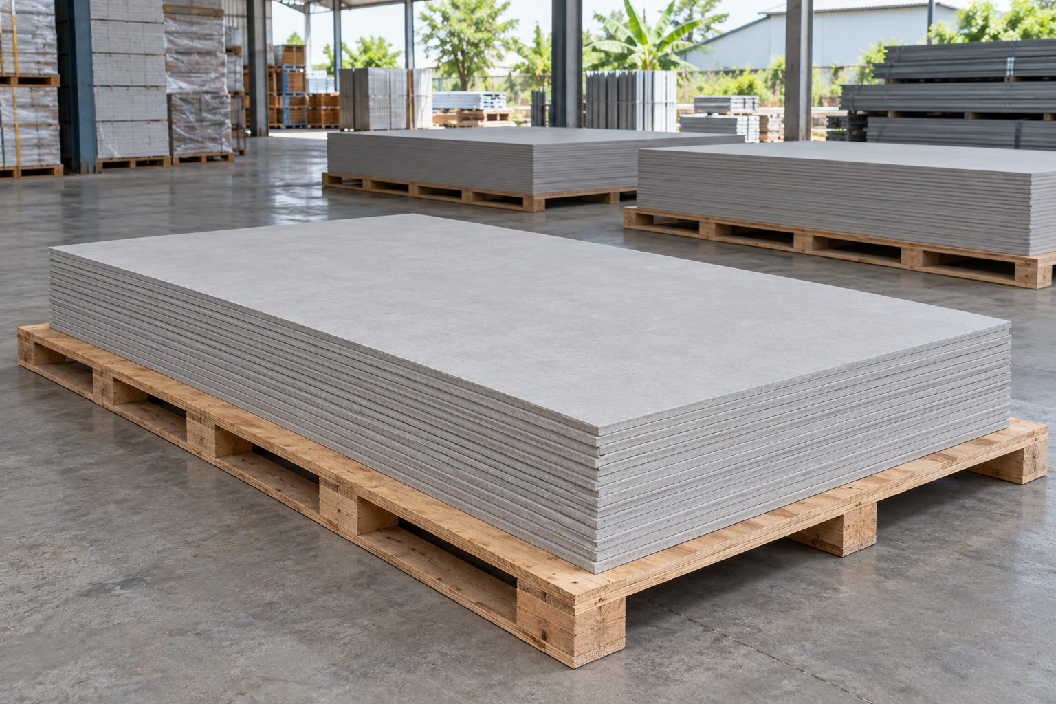 Vận chuyển tấm xi măng sợi TP.HCM – Đà Nẵng bằng đường sắt Tấm xi măng sợi xếp phẳng trên bệ gỗ đủ kích thước tại kho vật liệu