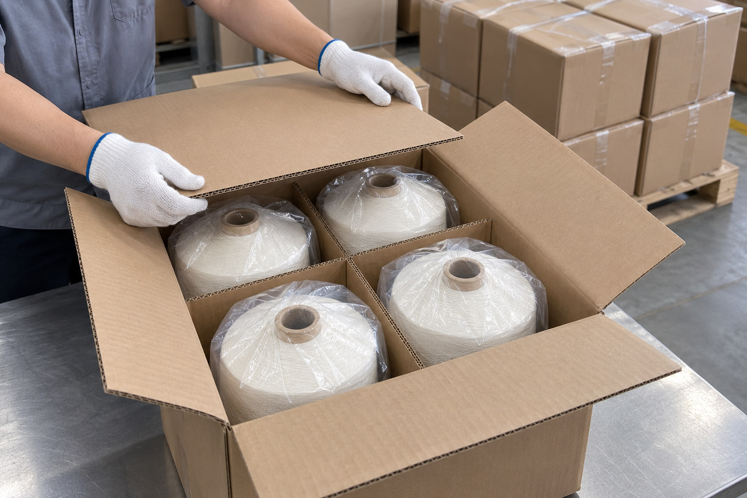 Đóng gói sợi polyester trước khi vận chuyển Đóng gói sợi polyester trước khi vận chuyển