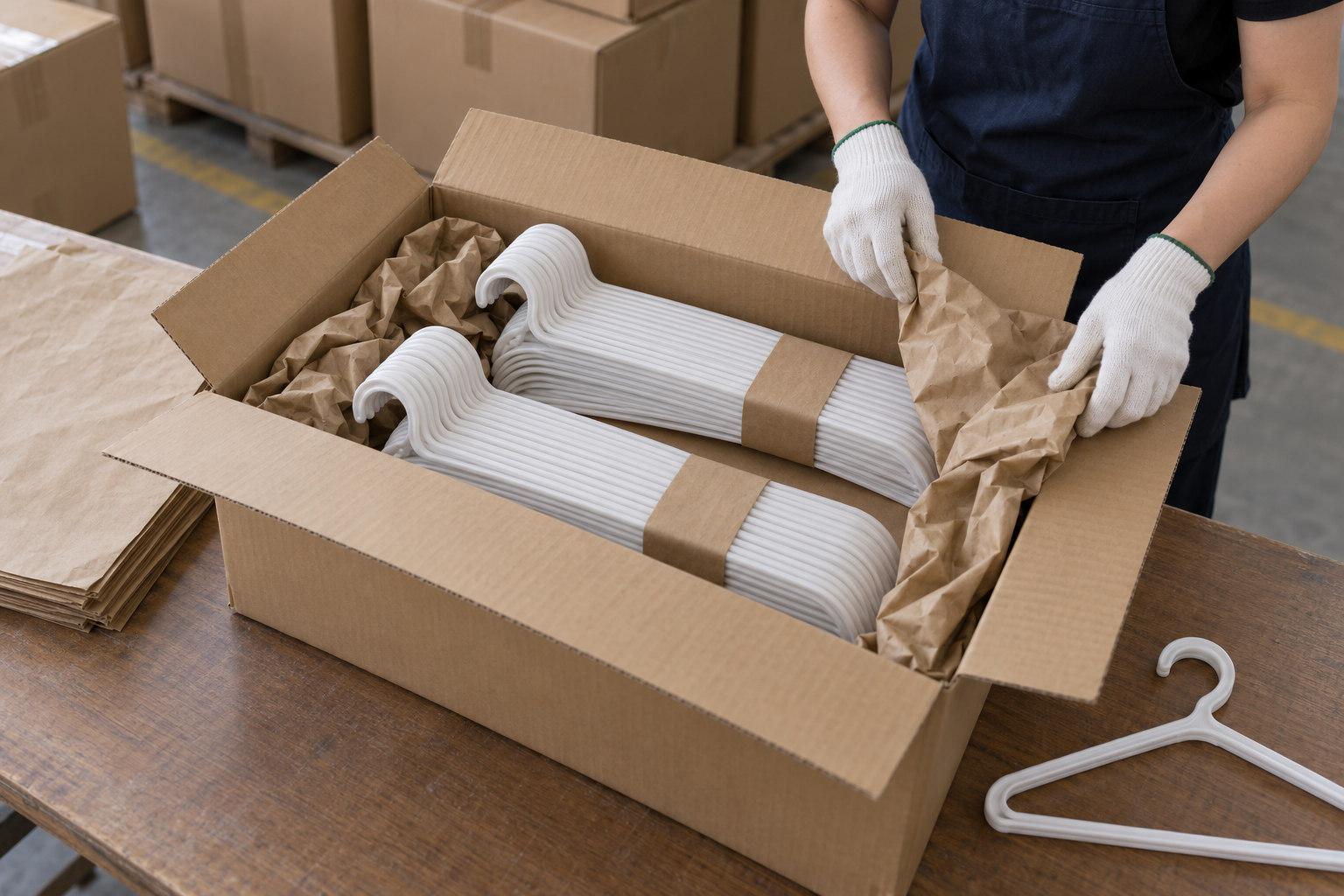 Đóng gói móc áo nhựa trước khi gửi Các bó móc áo nhựa được xếp gọn trong thùng carton có lớp chèn