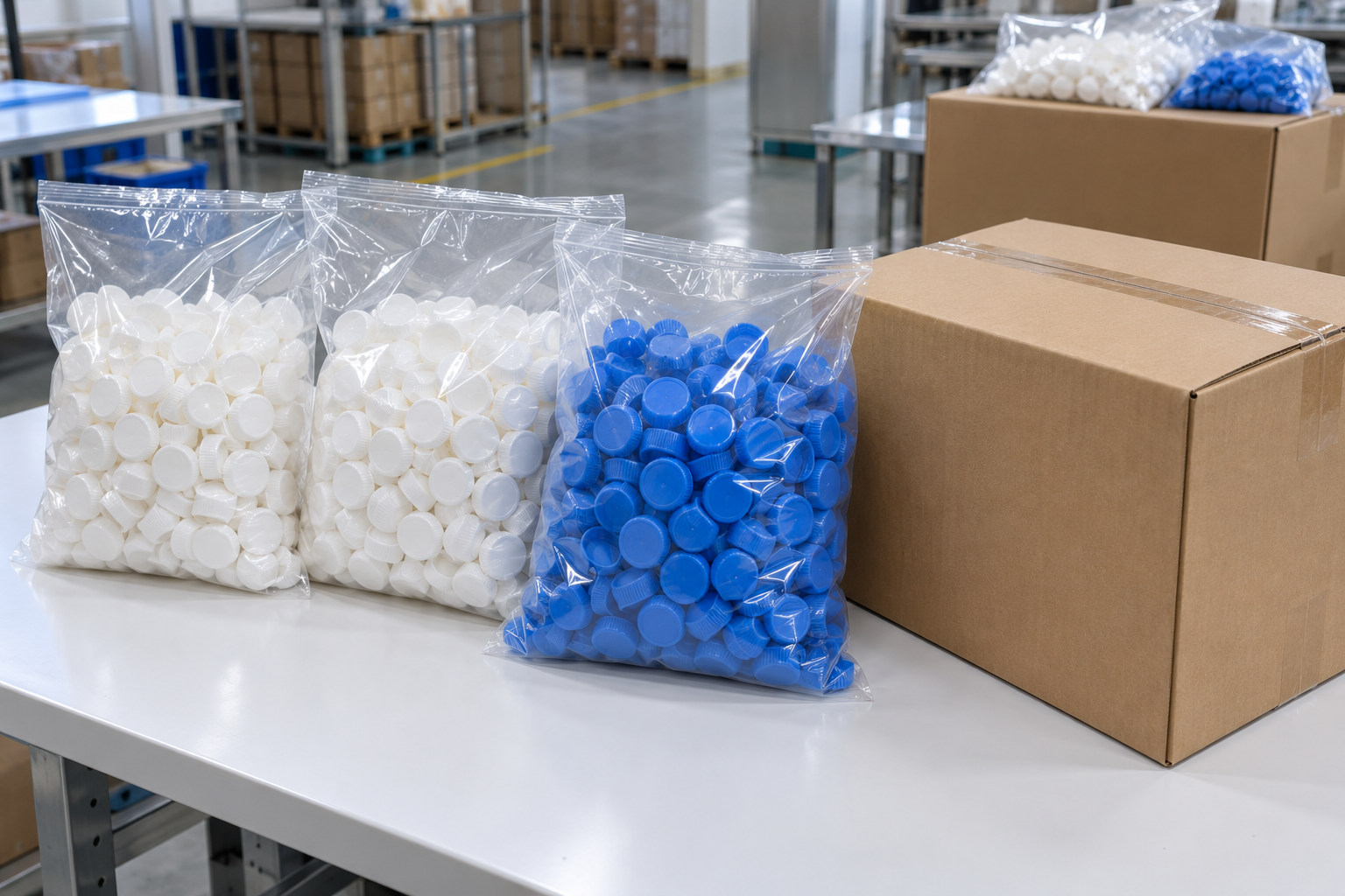Đóng gói nắp chai nhựa để giữ sạch và hạn chế móp Đóng gói nắp chai nhựa để giữ sạch và hạn chế móp