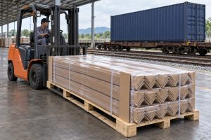 Kiện nẹp góc giấy bọc kín trên pallet dài tại ga hàng hóa đường sắt
