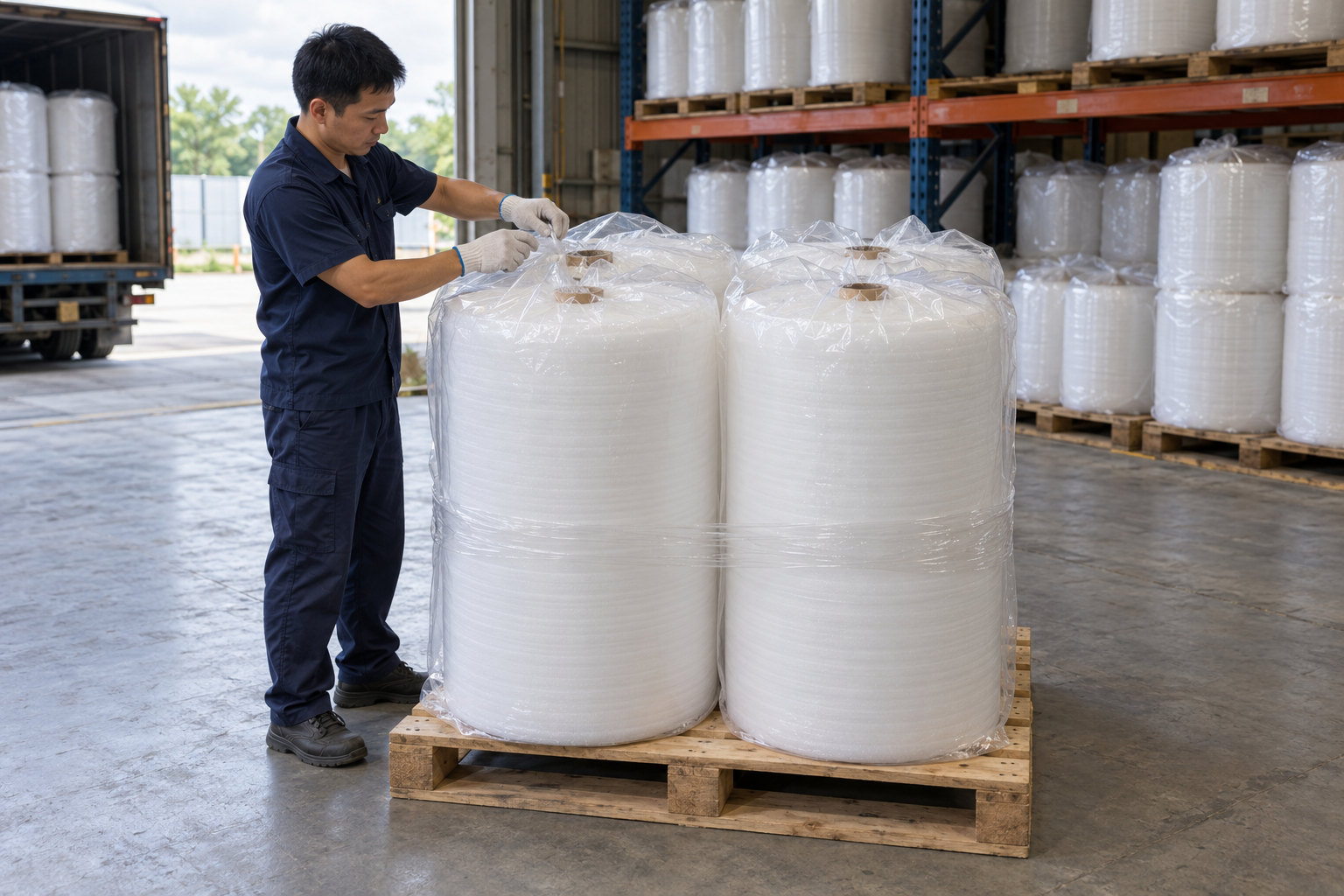 Đóng gói cuộn màng xốp PE trước khi gửi Đóng gói cuộn màng xốp PE trước khi gửi