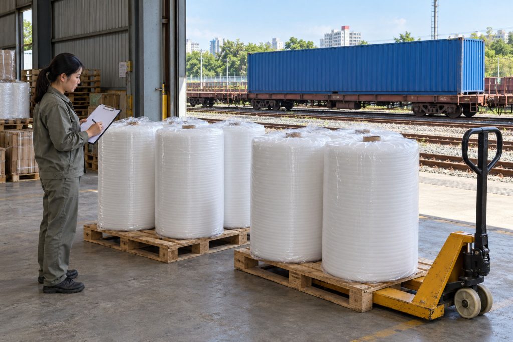 Nhân viên kiểm đếm cuộn xốp PE được bọc bảo vệ tại khu giao nhận hàng đường sắt